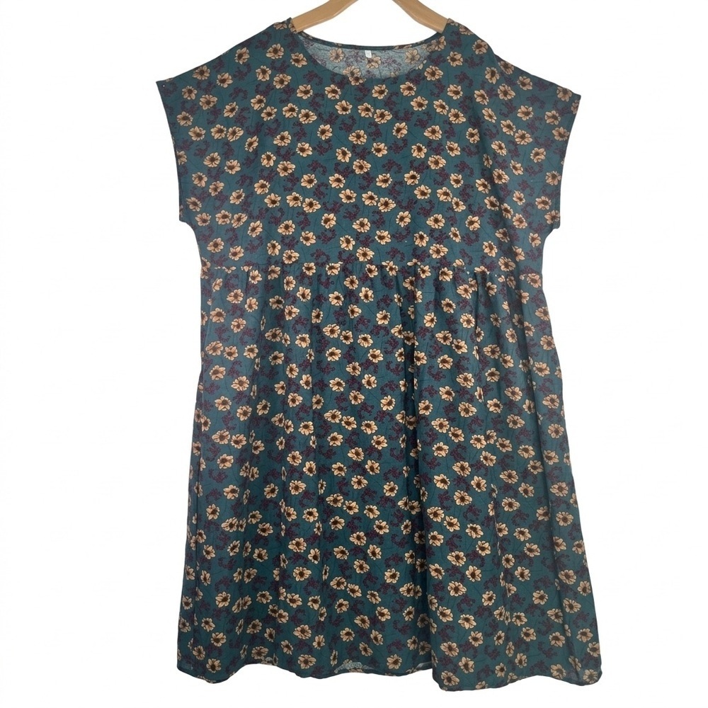 NWOT Teal Floral Babydoll Dress Short Sleeve Pockets Summer Cottagecore Sundress
